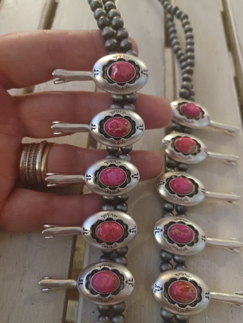 Squash Blossom Pink Turquoise Native American / Southwestern STYLE Necklace Mew - Picture 2 of 5
